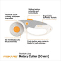 Fiskars 60mm Rotary Cutter for Fabric with Ergonomic Loop Grip And Comfort Handle, Titanium Rotary Fabric Cutter for Thick Materials, Easy and Safe