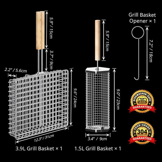 Grill Basket Set, Removable Wooden Handle, 304 Stainless Steel, Rolling BBQ Tools, Smoker Grilling Accessories for Vegetable Fish, Outdoor Cooking
