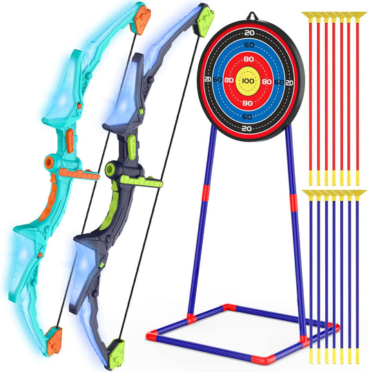 2 Pack Kids Bow and Arrow Set with LED Flash Lights, 14 Suction Cup Arrows and Fluorescence Standing Target-Perfect Indoor and Outdoor Game Archery