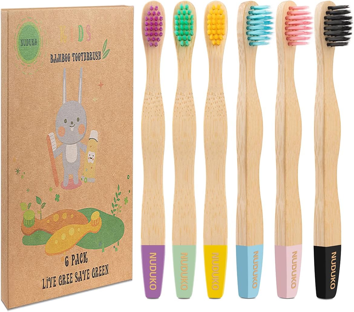 Kids Toothbrush Bamboo Toothbrushes 6 Pack - Organic Compostable Tooth Brush Wooden Baby Toddler Toothbrush, Eco-Friendly Natural Biodegradable Soft
