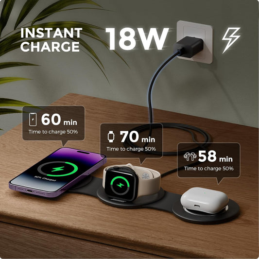 3 in 1 Charging Station for Apple Multiple Devices, Foldable Travel Wireless Charger 18W for iPhone Air 17 16 15 14 13 Pro Max Plus &Apple Watch