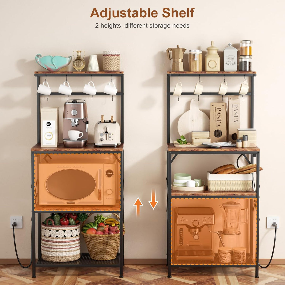 Kitchen Bakers Rack with Power Outlet, Small Coffee Bar Cart 4 Tiers, Microwave Stand Station with 8 S Hooks, Adjustable Shelf, Freestanding Kitchen