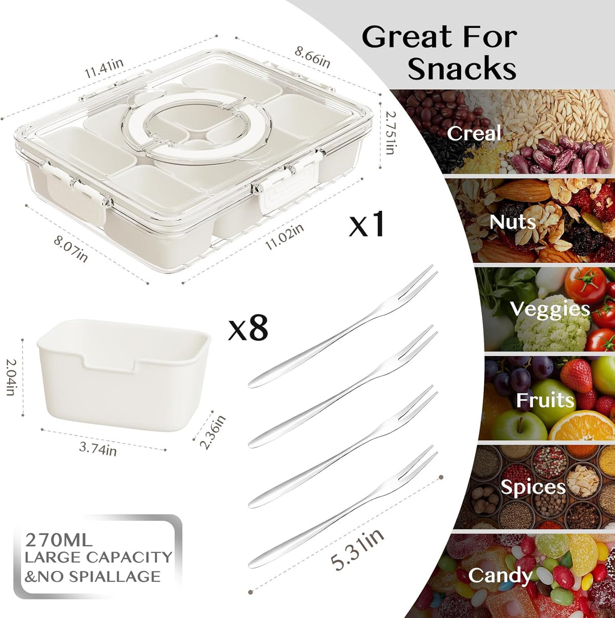 Snackle Box Container,Portable Snack Box 8 Compartment Divided Serving Tray with Lid and Handle,Clear Storage Organizer for Fruit Candy Nuts