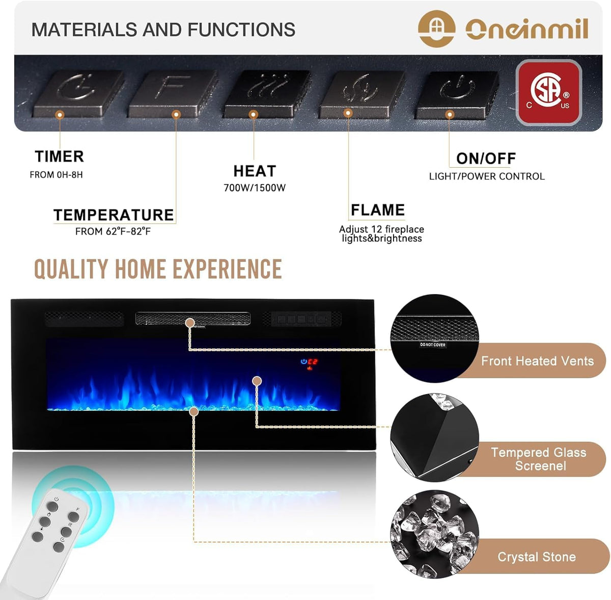 oneinmil 70" Fireplace TV Stand with Power Outlet for TVs Up to 80", Electric Fireplace Entertainment Center with LED Lights & Storage Cabinets