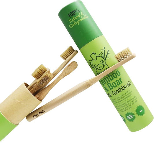 Gaia Guy Natural Bristle Bamboo Toothbrush (NO Nylon - Boar Hair ONLY) - Totally Compostable & Biodegradable Boar Bristle and Bamboo Toothbrushes