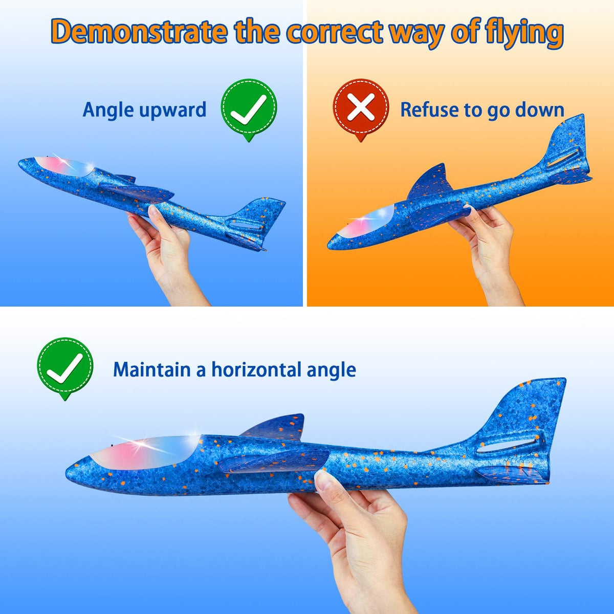 2 Pack LED Light Airplane,17.5" Large Throwing 2 Flight Mode Glider Plane,Flying Toy for Kids,Gifts for 3 4 5 6 7 8 9 Years Old Boy,Outdoor Sport