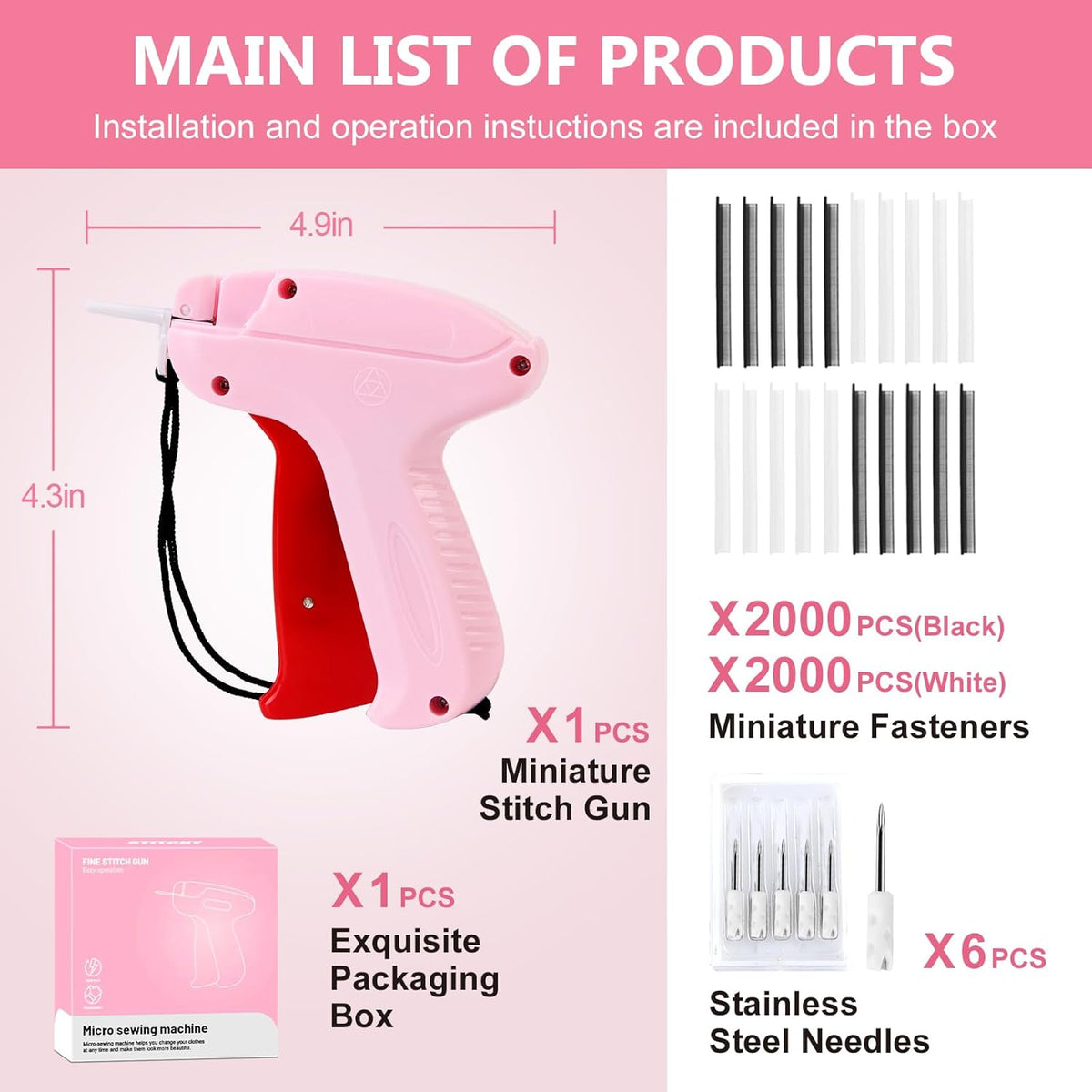 Stitch Gun with 6 Fine Needles,4000 Pcs Micro Fasteners(2000 White & 2000 Black).Quick Clothing Fixer Stitch Gun for Clothes Quick Stitchy Sewing Gun