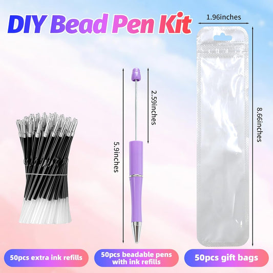 150 Pieces DIY Beadable Pen Kit – 50 Plastic Ballpoint Pens with Refills & Bags, Beads Not Included – School Supplies, Office Accessories & Craft