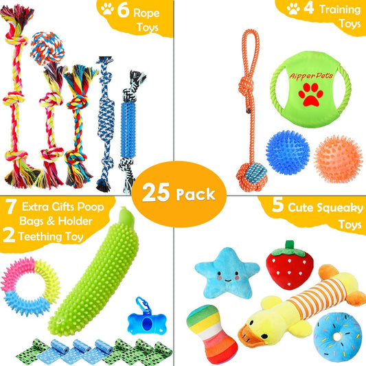 Dog Toys 25 Pack for Fun and Teeth Cleaning, Puppy Chew Toys Pack with Squeak Plush Toy,Squeaky Toy Balls,Tug of War and Rope Toys for Puppy to Small