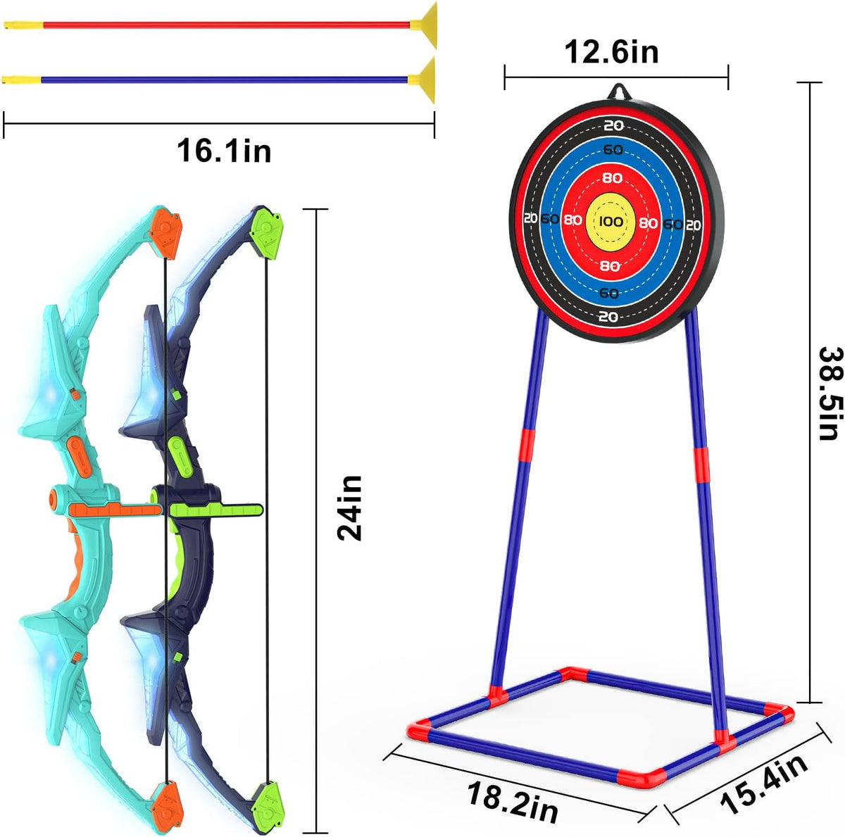 2 Pack Kids Bow and Arrow Set with LED Flash Lights, 14 Suction Cup Arrows and Fluorescence Standing Target-Perfect Indoor and Outdoor Game Archery