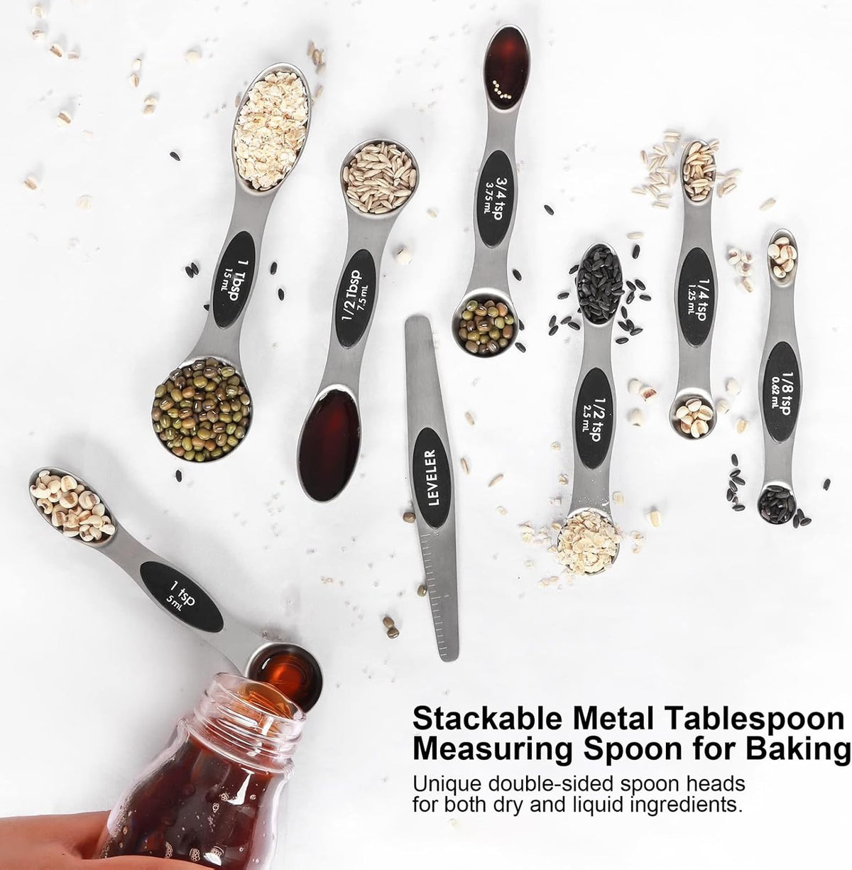 Magnetic Measuring Spoons Set Stainless Steel with Leveler, Stackable Metal Tablespoon Measure Spoon for Baking, Cups and Spoon Set Kitchen Gadgets