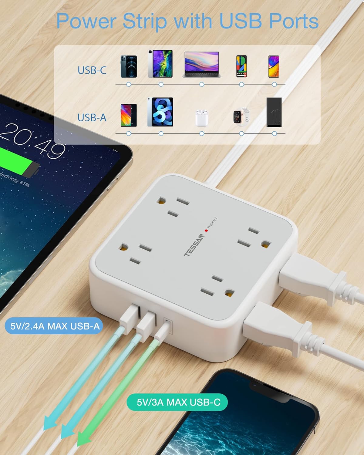 TESSAN Surge Protector Power Strip, 5 Ft Flat Plug Extension Cord with 3 USB (1 USB C) 8 Outlets, 1250W, 900J Protection, 3 Sided Outlet Extender