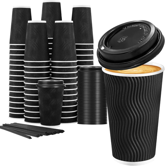 Lamosi 16 oz Disposable Coffee Cups with Lids, 50 Pack Insulated Hot Cups To Go Paper Coffee Cups with Lids and Straws, Corrugated Ripple Wall Cup