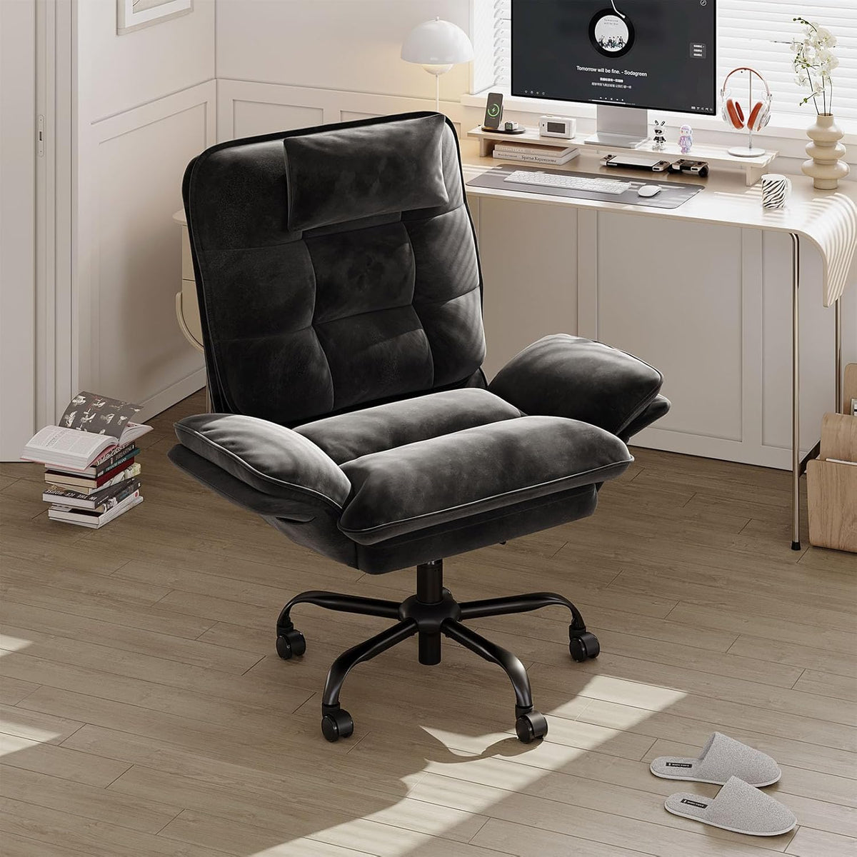 Bestier Cross Legged Office Chair, Criss Cross Chair with Adjustable Arms, 135° Reclining Velet Executive Chair with Wheels, Big and Tall Computer