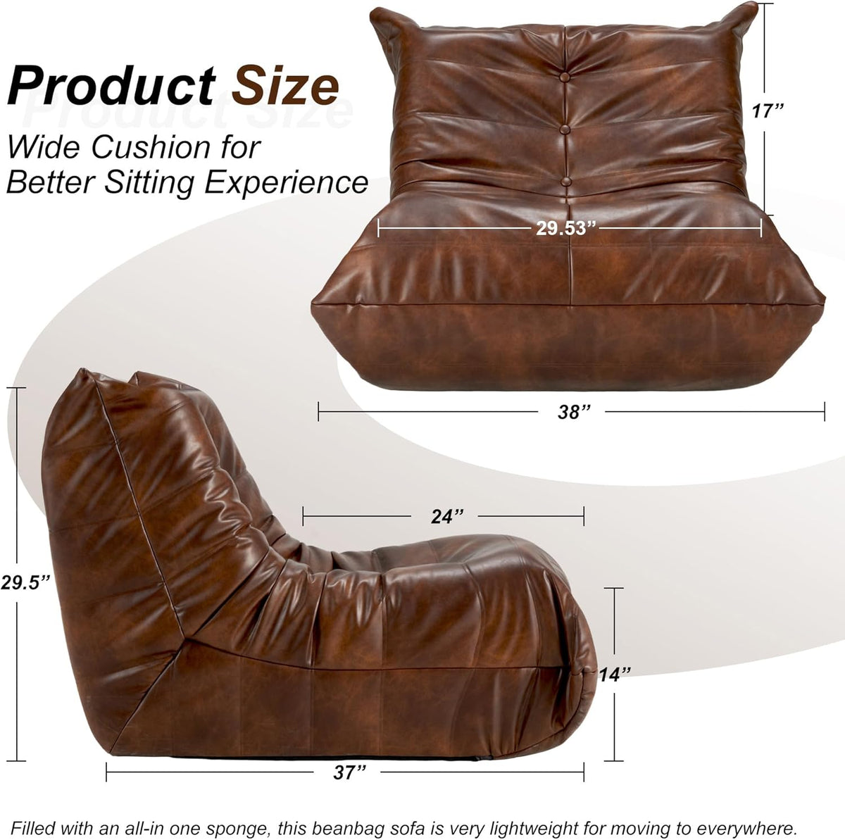 Hobestluk Giant Bean Bag Chair Lazy Floor Sofa, Memory Foam Fireside Sofa for Adults, Big Beanbag Faux Leather Armless Chair for Living Room Bedroom