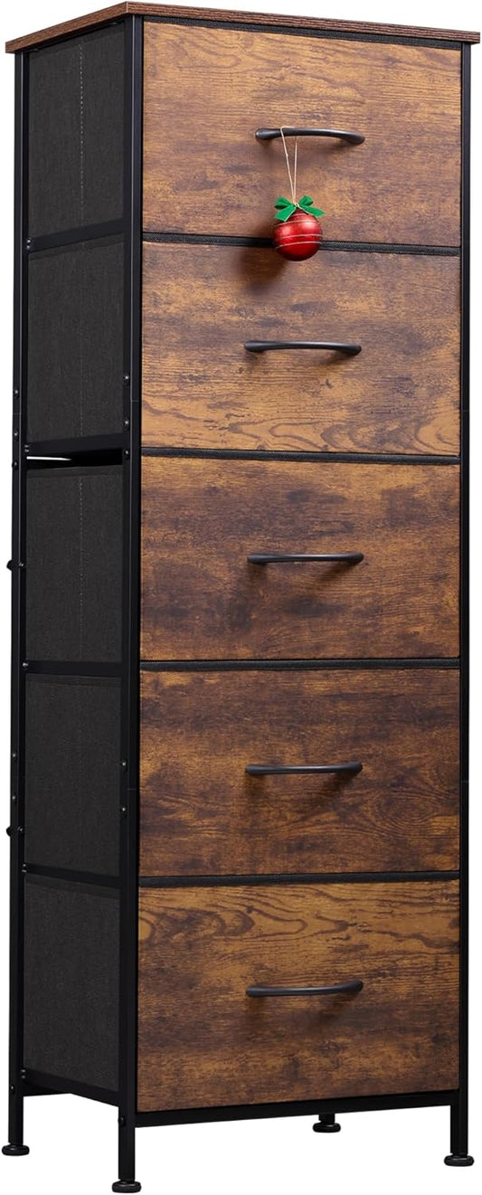 WLIVE Fabric Dresser for Bedroom, 5-Drawer Tall Dressers, Storage Organizer with Fabric Bins, Wood Top, Sturdy Steel Frame, Chest of Drawers for