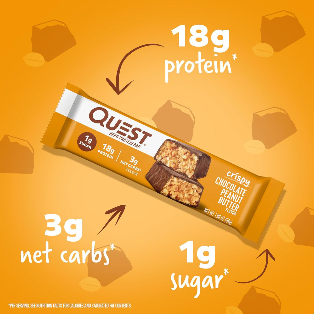 Quest Nutrition Crispy Chocolate Peanut Butter Hero Protein Bar, 18g Protein, 1g Sugar, 3g Net Carb, Gluten Free Protein Snack, Keto Friendly, 12