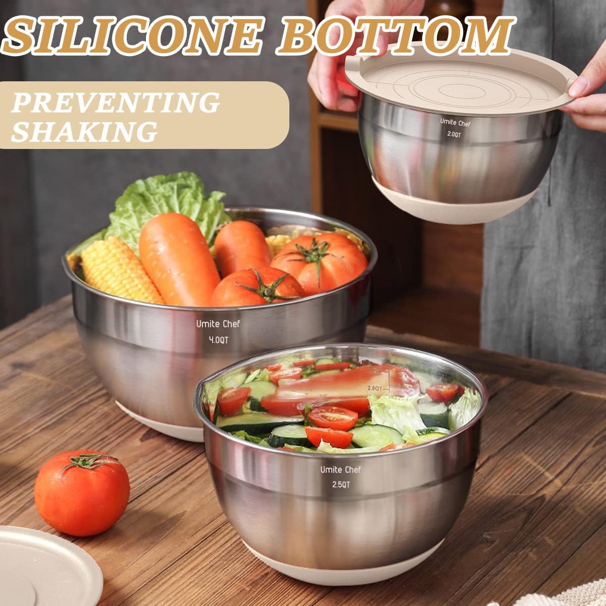 Mixing Bowls with Airtight Lids Set, 26PCS Stainless Steel Khaki Bowls with Grater Attachments, Non-Slip Bottoms & Kitchen Gadgets Set, Size 7, 4