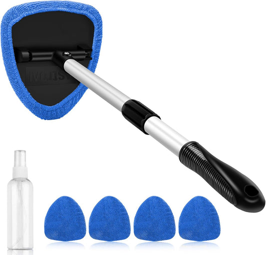 AstroAI Windshield Cleaner Tool, Car Interior Detailing Cleaning Kit with Extendable Handle and 4 Upgraded High-Density Reusable Microfiber Pads