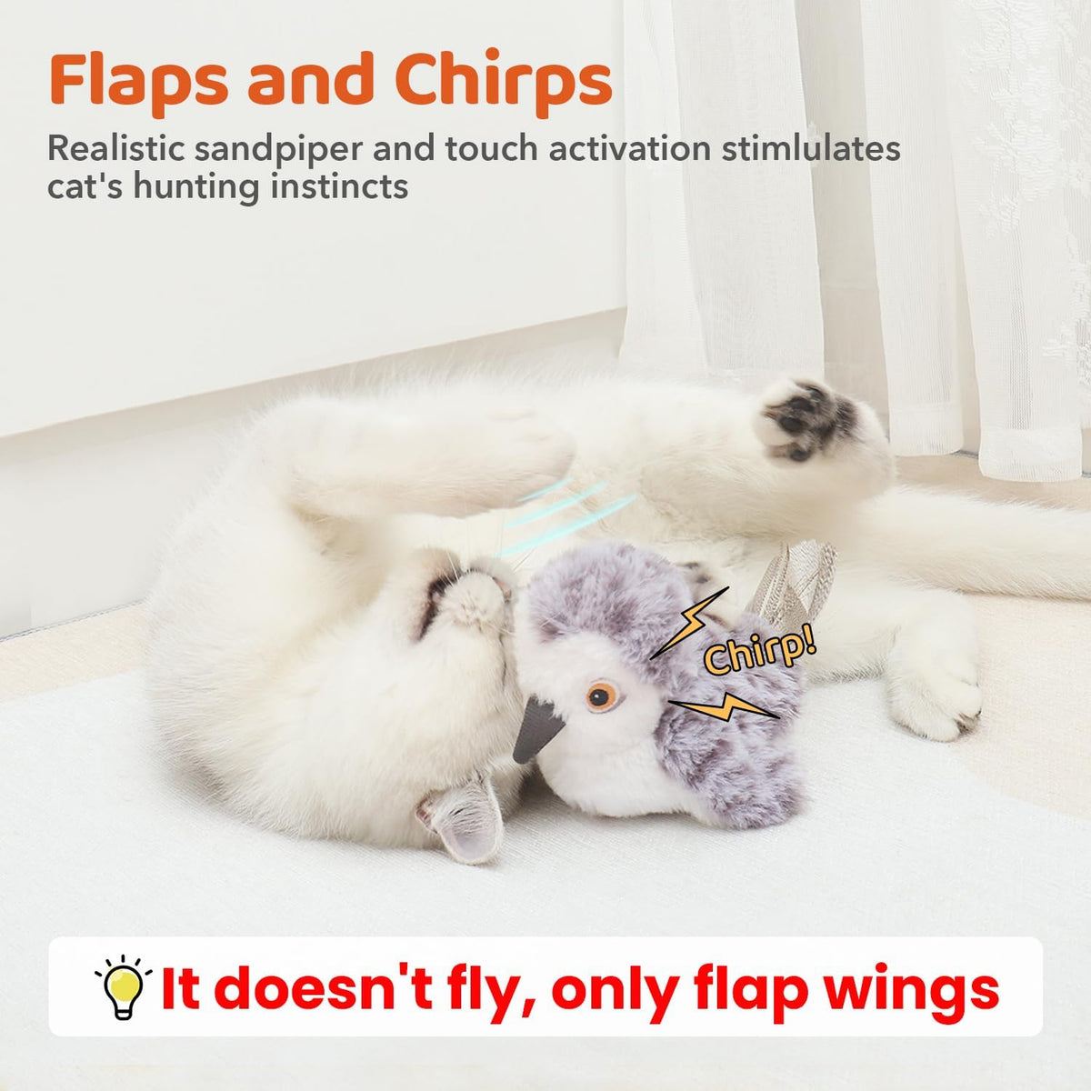 Potaroma Cat Toys Flapping Bird (No Flying), Lifelike Sandpiper Chirp Tweet, Rechargeable Touch Activated Kitten Toy Interactive Cat Exercise Toys