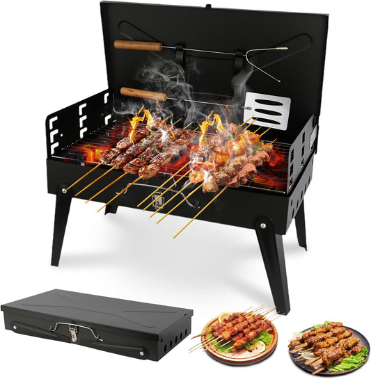 Portable Charcoal Grill Foldable BBQ Grill Kit - Compact Camping Grill for Outdoor BBQ, Cooking, Picnics, Beach, Backyard - Barbecue Accessories with