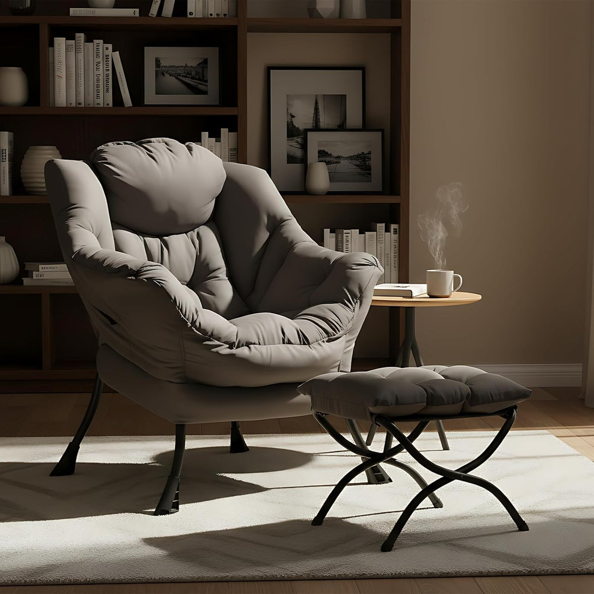 Welnow Lazy Chair with Ottoman, Modern Lounge Accent Chair with Armrests and a Side Pocket, Leisure Sofa Armchair, Reading Armchair with Footrest for
