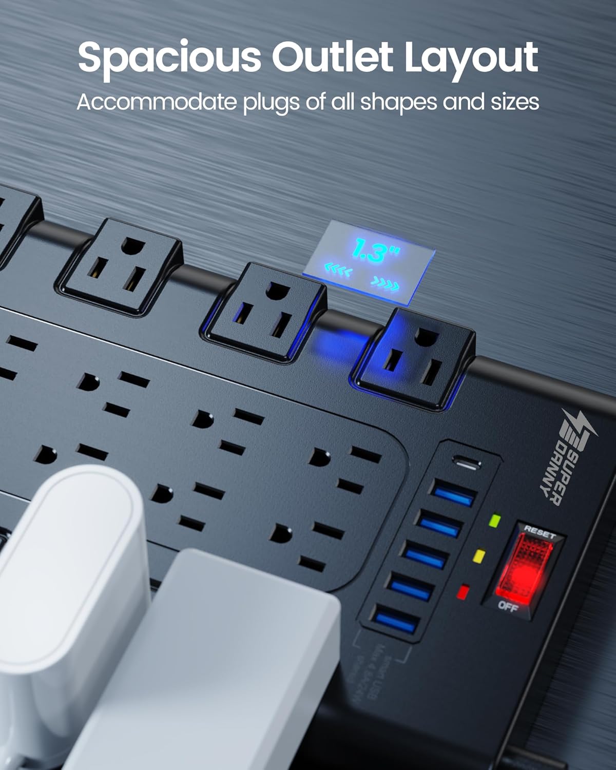 Power Strip, SUPERDANNY Surge Protector with 22 AC Outlets and 6 USB Charging Ports, 1875W/15A, 2100 Joules, 6.5Ft Flat Plug Heavy Duty Extension