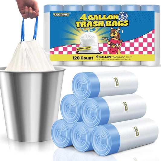 4 Gallon Trash Bags Drawstring 1.1 Mil - 120 Count White Small Garbage Bags Unscented for Bathroom, 15 Liter Thick Plastic Wastebasket Liners for