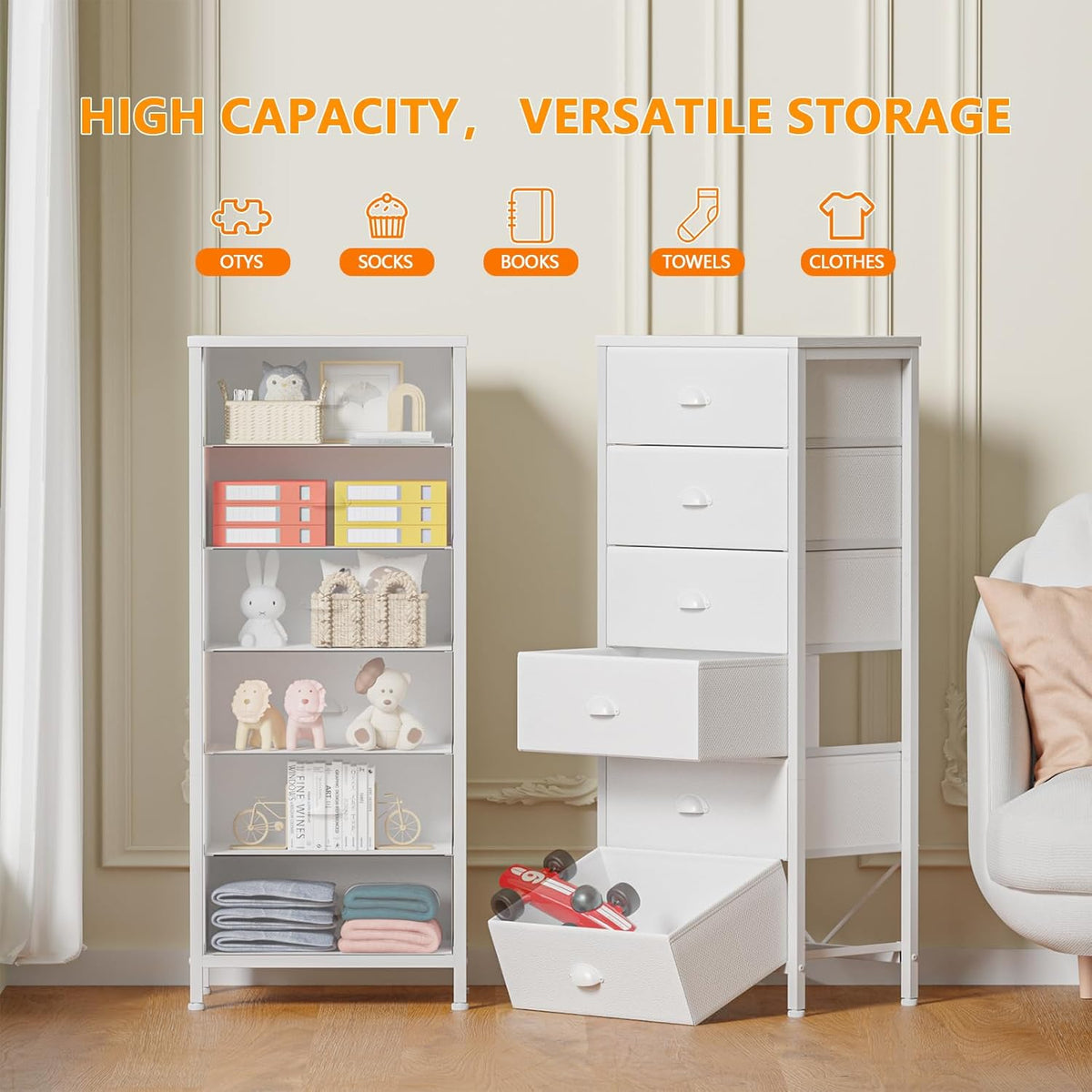 Furnulem White Tall Dresser for Bedroom,Vertical Storage Tower Unit and End Table with 6 Fabric Drawers, Nightstand Furniture with Drawer Organizer