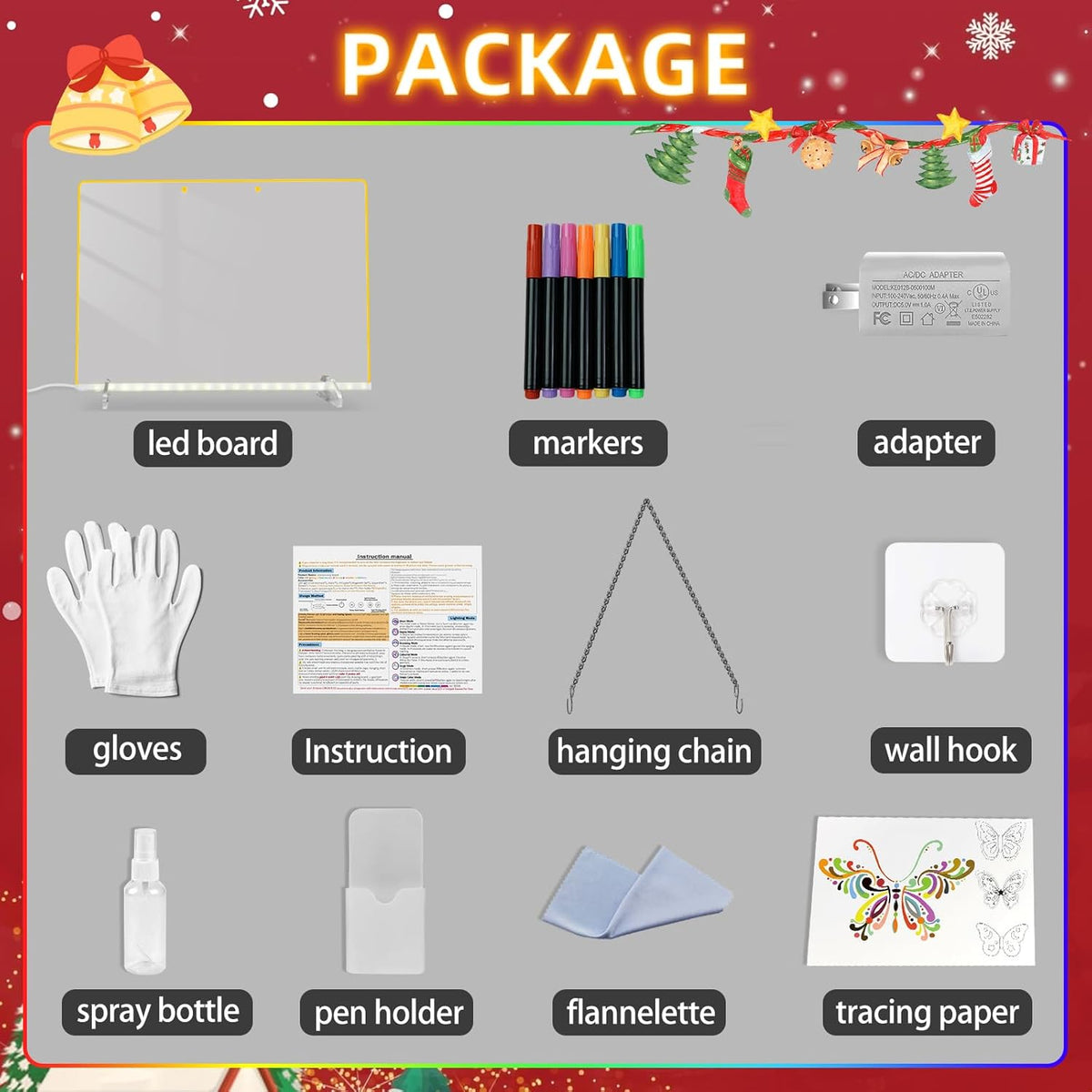 LED Note Board with 7 Colors, Includes Adapter, 13"x10" Led Drawing Board for Kids, Light Up Dry Erase Boards with 7 Markers, Soft Cloth, Hanging
