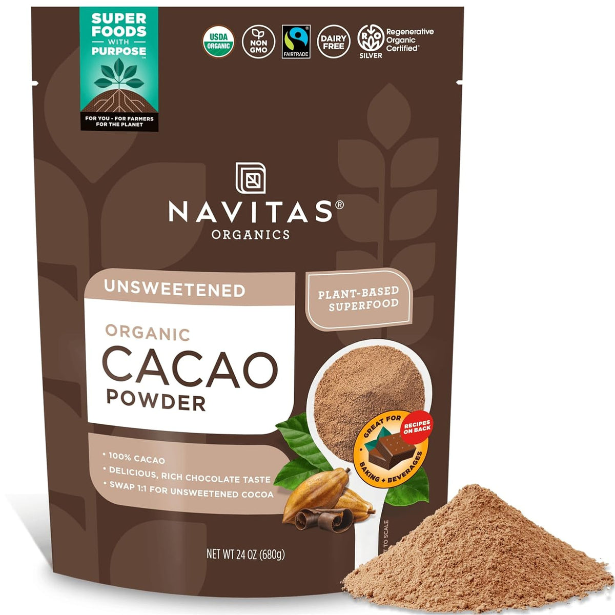 Navitas Organics Cacao Powder - Cocoa Powder Substitute 1:1, For Hot Chocolate, Baking & More - Regenerative Organic Certified, Non GMO, Fairtrade