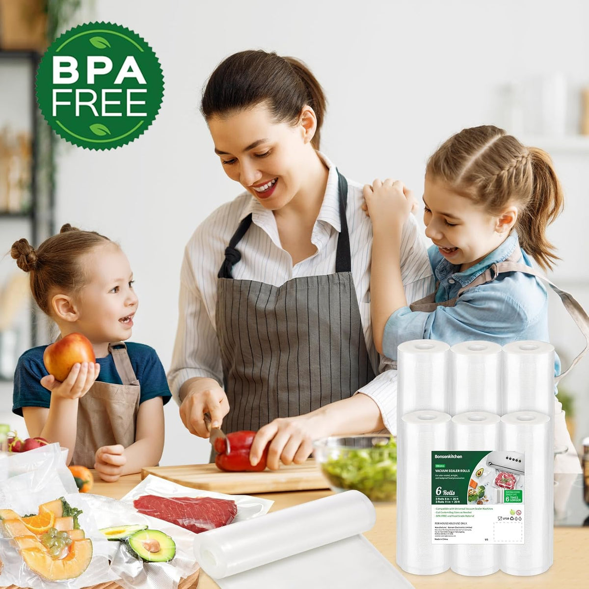 Bonsenkitchen Vacuum Sealer Rolls Bags, 6 Pack 3 Rolls 11" x 20' + 3 Rolls 8" x 20' Commercial Grade BPA Free Bag Rolls, Durable Customized Size Food