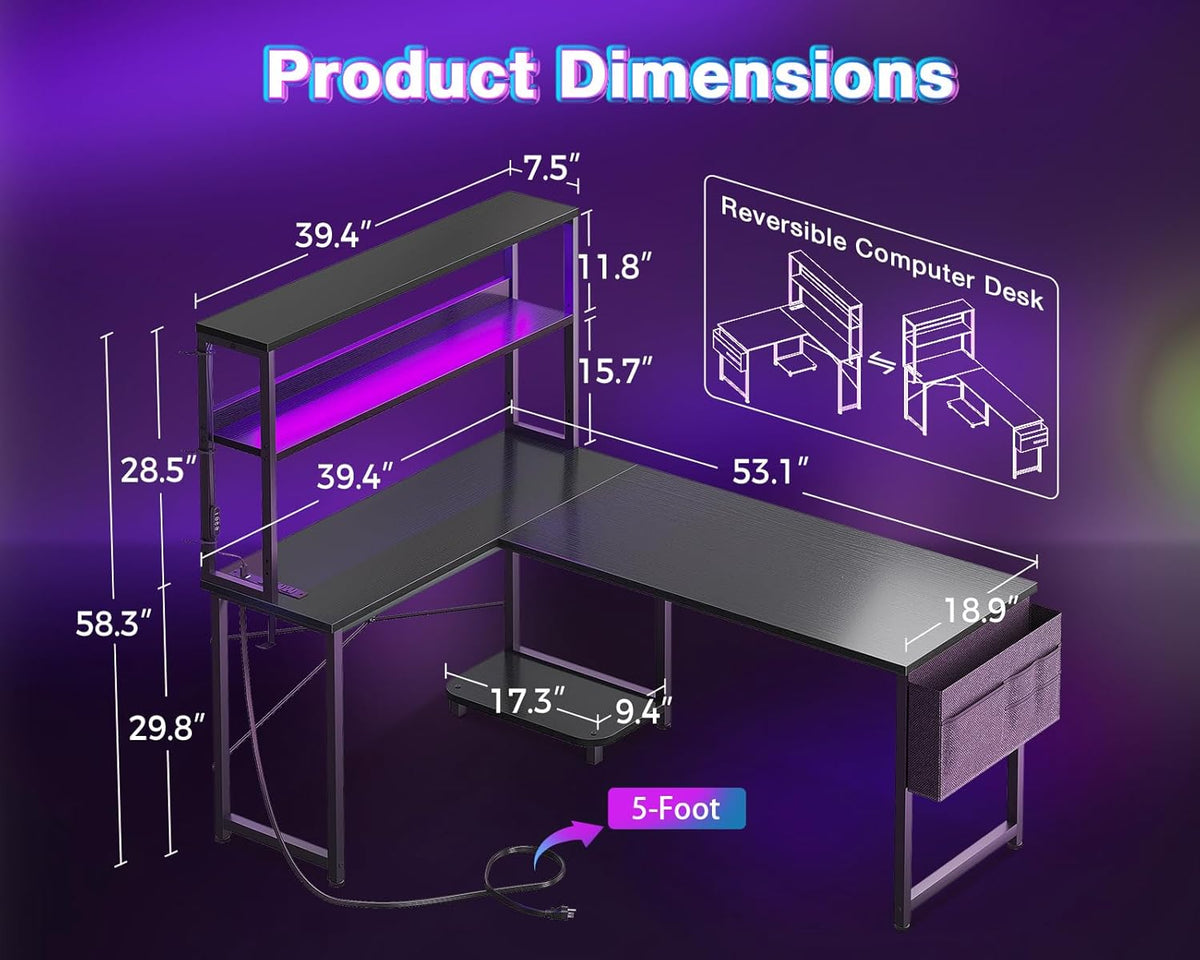 AODK L Shaped Desk Gaming Desk with LED Light & Power Outlet, 53 Inch Reversible L Shaped Computer Table with Shelf & Storage Bag & Hook for Home
