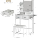 Makeup Vanity Desk with Mirror and Lights, Small Vanity with Fabric Storage Drawer & Chair & Shelves, White Vanity with Fold-up Panel and Power