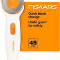 Fiskars 45mm Rotary Cutter for Fabric, Premium Steel Stick Fabric Cutter Cuts Through Multiple Layers, Right and Left Handed, Easy and Safe Blade