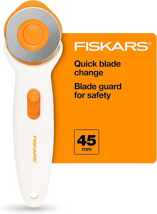 Fiskars 45mm Rotary Cutter for Fabric, Premium Steel Stick Fabric Cutter Cuts Through Multiple Layers, Right and Left Handed, Easy and Safe Blade