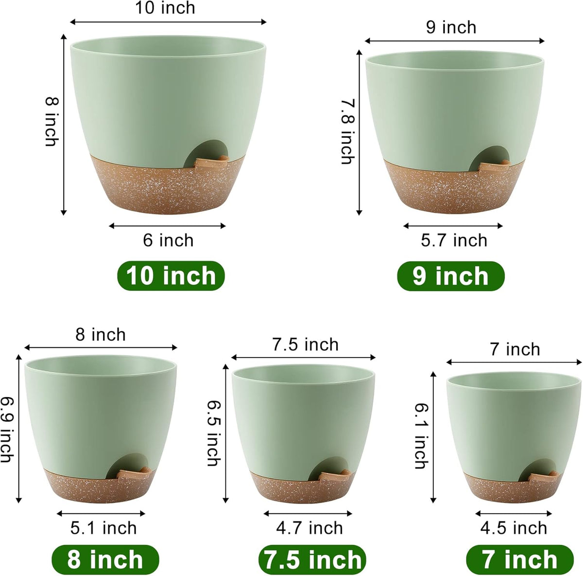 Plant Pots 10/9/8/7.5/7 Inch Self Watering Pots, Set of 5 Plastic Planters with Drainage Holes and Saucers,Plastic Flower Pots,Nursery Planting Pot