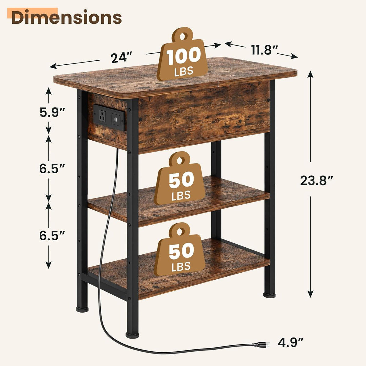 End Table with Charging Station, Flip Top Side Table with USB Ports and Outlets, 3-Tier Small Side Table with Storage for Small Space, End Tables for