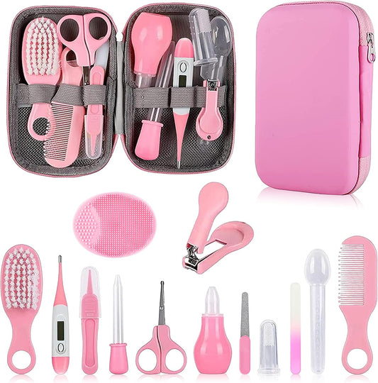 Baby Grooming Kit, Infant Safety Care Set with Hair Brush Comb Nail Clipper Nasal Aspirator,Baby Essentials Kit for Newborn Girls Boys (Pink Baby