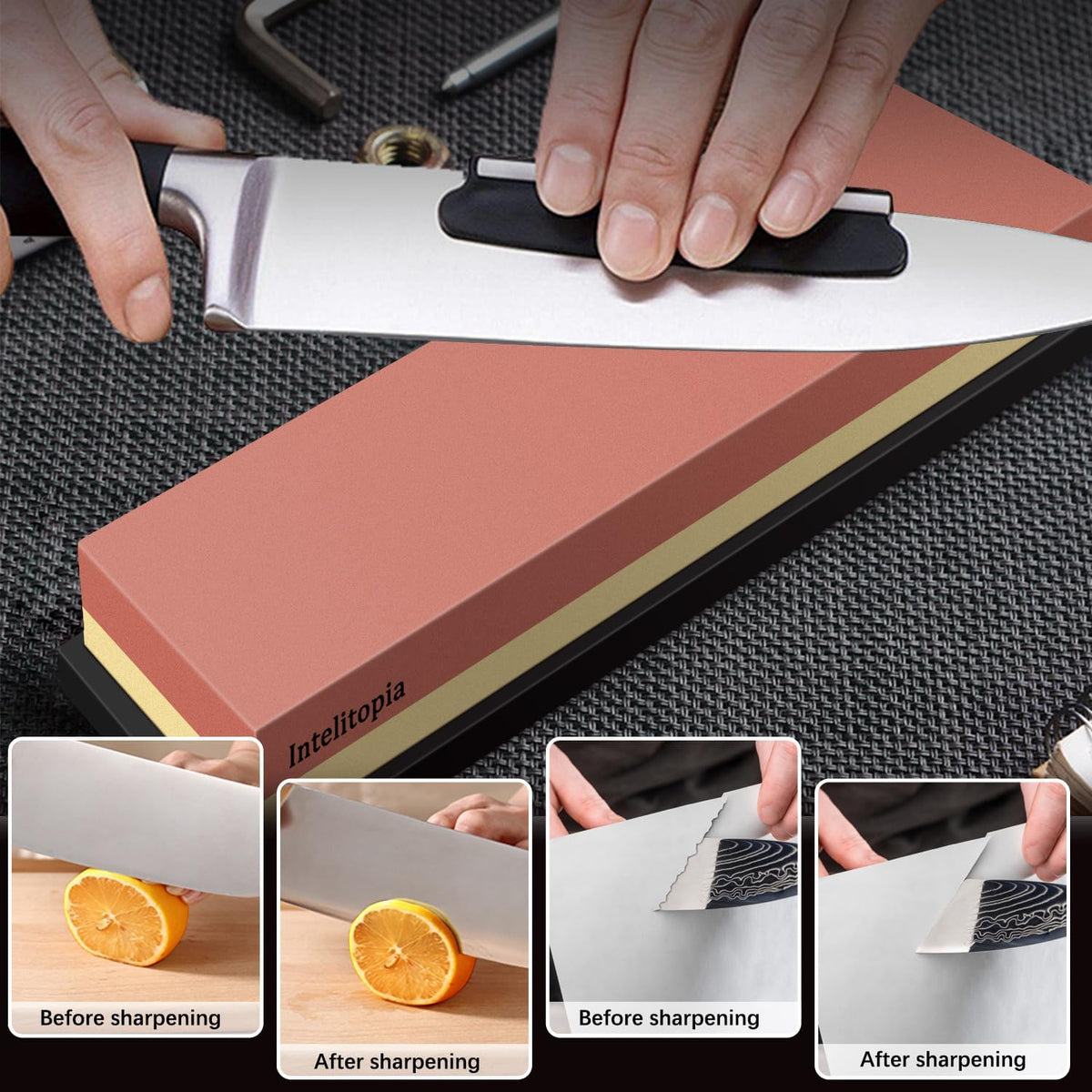 Intelitopia Complete Knife Sharpening Stone Set – Dual Grit Whetstone 400/1000 3000/8000 Knife Sharpener with Leather Strop, Flattening Stone, Bamboo