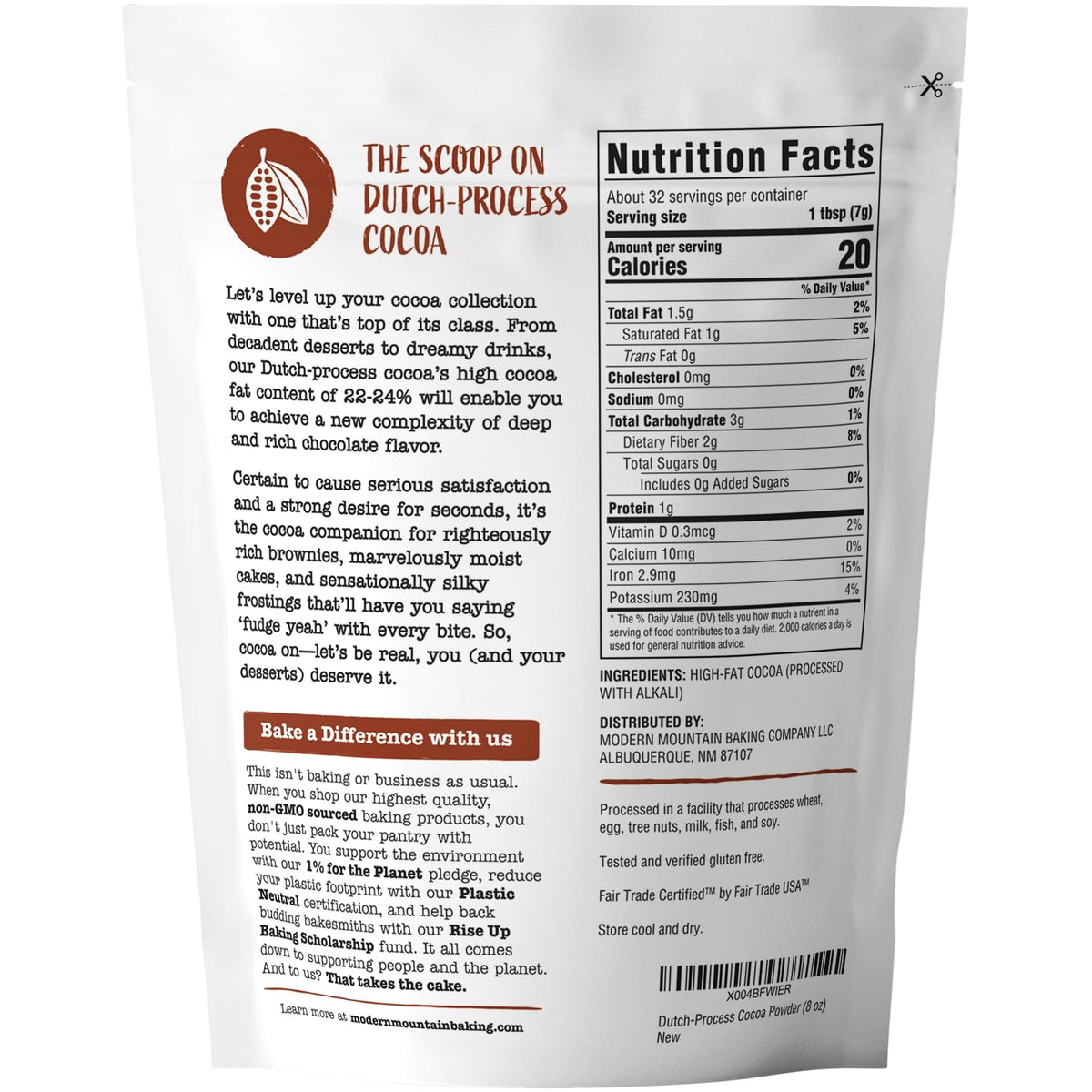 Cocoa Powder (8 oz) Dutch Processed Cocoa Powder, Unsweetened, Extra Rich Cocoa Flavor, 22-24% Fat, Premium Culinary Grade, Non-GMO Sourced, Fair