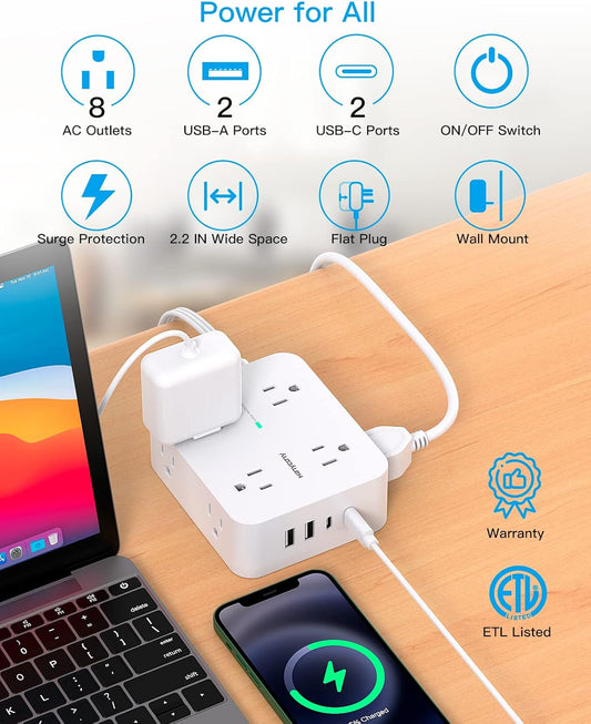 Surge Protector Power Strip, HANYCONY Extension Cord with Multiple Outlets, 5 Ft Ultra Thin Flat Plug 8 Outlets 4 USB Ports(2USB C), 1080J Outlet