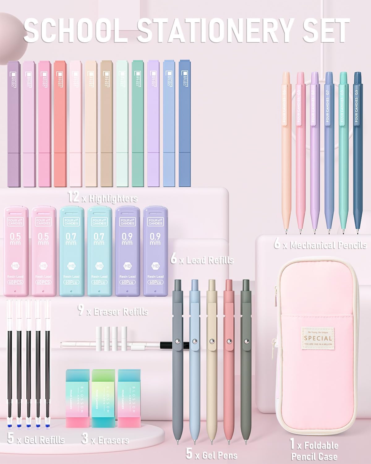 Four Candies 39 PCS Aesthetic School Supplies with Cute Pen Case, 12 Pastel Highlighters, 5 Black Ink Gel Pens, 6 Mechanical Pencils Set for Students