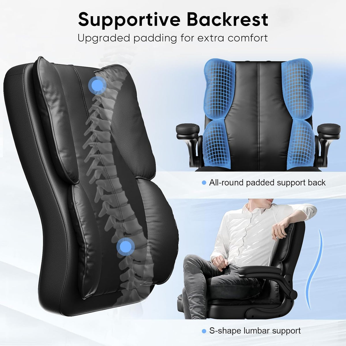Executive Leather Office Chair, Computer Chair with Thick Cushion & Lumbar Support, Ergonomic Desk Chair with Adjustable Headrest & Armrests,Black