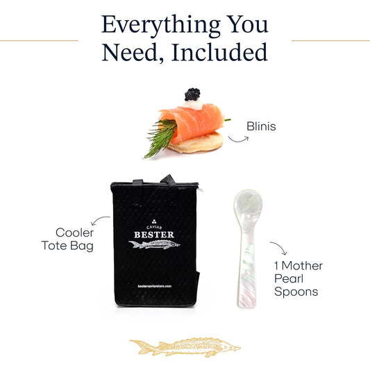 BESTER CAVIAR Royal Beluga Hybrid Sampler Set 1.05oz (30g) – Huso huso x Baerii Sturgeon Sampler Package – Caviar Serving Set with Mini Blinis (30