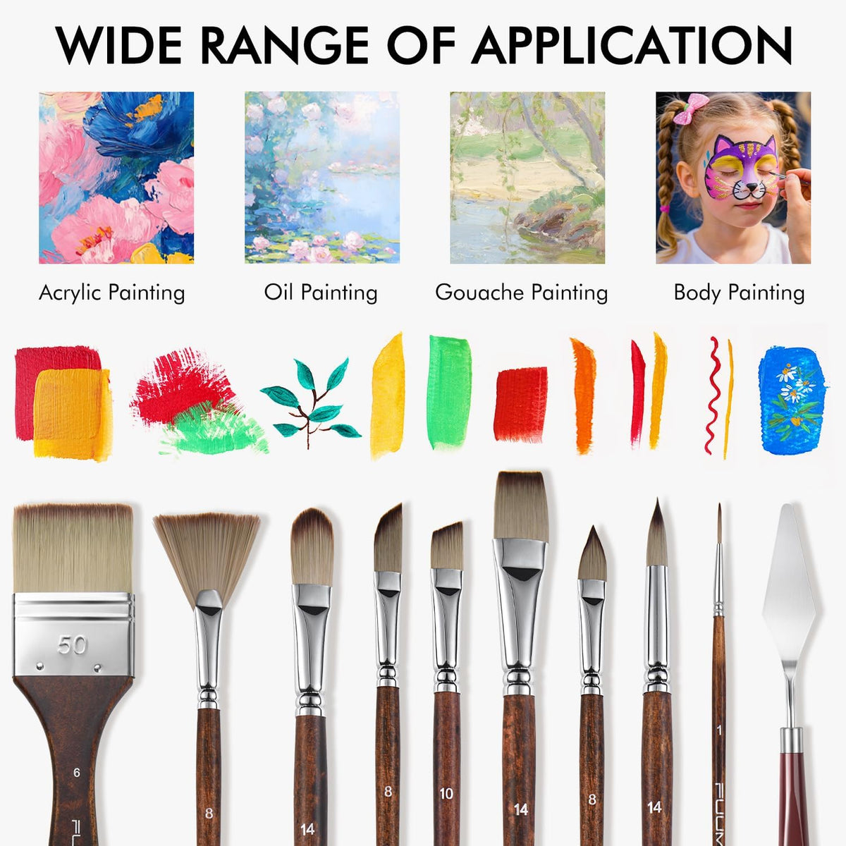 25pcs Paint Brush Set, Fuumuui Acrylic Paint Brushes, Professional Artist Series with Wide Flat, Filbert, Fan, Dagger, Cat Tongue, Round, Angle