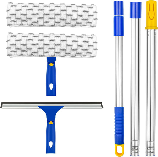 ITTAHO Squeegee for Window Cleaning,12" Squeegee and 11" Microfiber Scrubber Combi with Stainless Steel Pole,Extendable Window Cleaner for