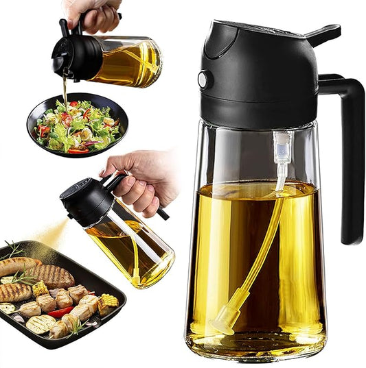 TrendPlain 16oz/470ml Glass Olive Oil Sprayer for Cooking – 2 in 1 Olive Oil Dispenser Bottle for Kitchen Gadgets and Air Fryer Accessories, Salad