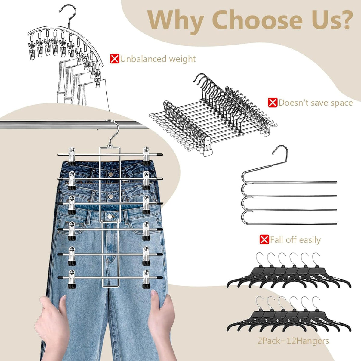 Pants Hangers with Clips,Space Saving Hanging Closet Organizer-6 Tiers Skirt Hangers with 360° Swivel Hook,Closet Organizer-Clothes Hangers- College