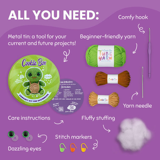 Cookie Box Crochet Kit for Beginners – Gift Set to Make Turtle Hugo Amigurumi Plushie – Easy DIY Crochet & Knitting Starter Kit with Video and PDF